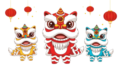 Illustration of lion dance heads with lanterns on transparent background