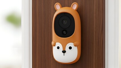 A cartoon bear-shaped doorbell camera installed on a wooden door frame indoors with a blurred background view.