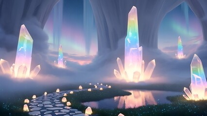 Mystical Crystals Illuminating Fantasy Landscape with Pathway and Reflections