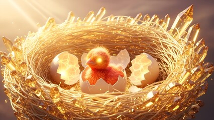 Golden nest with hatching eggs, illuminated from above, showcasing new life emerging from cracked shells