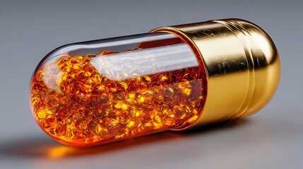 Luxurious Gold Vitamin Capsule Filled with Amber Gel Pearls