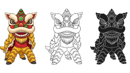 Colorful lion dance illustration with red and gold costume isolated on transparent background for chinese new year celebration