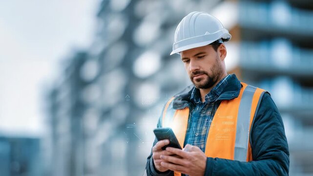 Male engineer in protective gear stands outdoors at urban construction area, focused on his mobile device. Digital technology streamlines workflow and enhances productivity in construction management