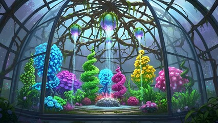 Vibrant plants and flowers thriving inside a futuristic greenhouse with a transparent dome, surrounded by lush greenery viewed from the front.