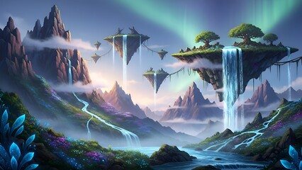 Mystical floating islands with lush vegetation and waterfalls cascading into a serene valley surrounded by majestic mountains under a vibrant aurora-lit sky
