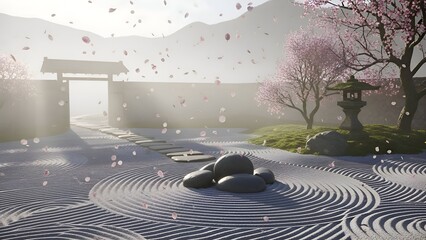 A serene Japanese garden with ripples in the sand and cherry blossoms in the background, viewed from a peaceful perspective.