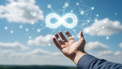 Businessman's hand reaches towards a glowing digital infinity symbol representing endless possibilities and connections in the sky.