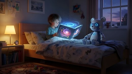 A young boy reads an illuminated tablet beside a teddy bear in a cozy bedroom at dusk with a soft lamp glow
