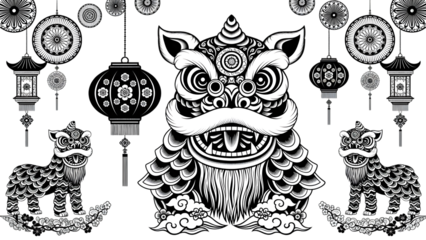 Black and white lion dance illustration with lanterns and cats for chinese new year decoration isolated on transparent background