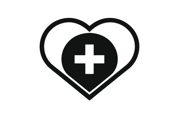 Medical Heart Shape with Plus Sign Icon, Black, Treatment Symbol, Vector, White BG