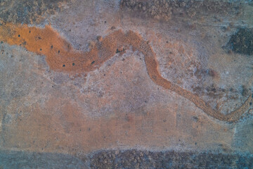 Winding dry riverbed with orange reed texture cutting through frosted winter fields featuring organic nature curve aerial top down view