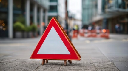 Traffic warning sign placed on a city street indicating construction work and cautioning drivers and pedestrians about potential hazards