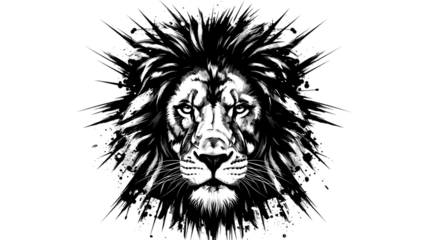 A black and white illustration of a lions face with a splash of ink around it isolated on transparent background