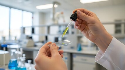 Close-up view of a scientist's hands carefully dropping a yellow liquid onto a microscope slide in a modern laboratory.