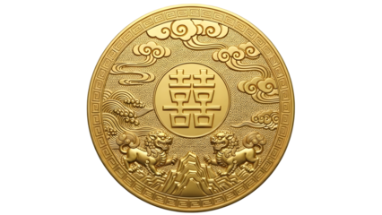 A gold coin with intricate designs and patterns on its surface isolated on transparent background