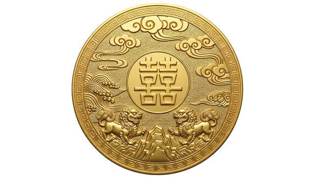 A gold coin with intricate designs and patterns on its surface isolated on transparent background