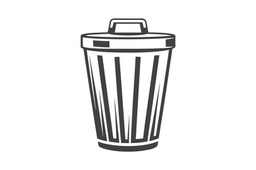 monochrome drawing shows a lidded trash container with vertical stripes on a white background