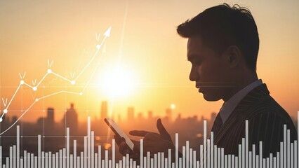 Contemplative businessman observes his smartphone against a backdrop of financial charts and a city skyline.