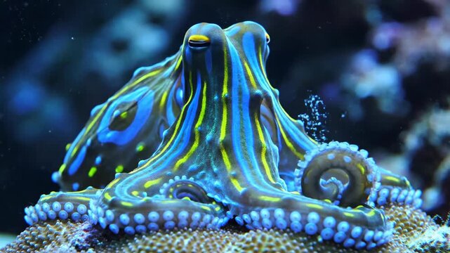 Blue Ringed Octopus Swimming in Aquarium.
