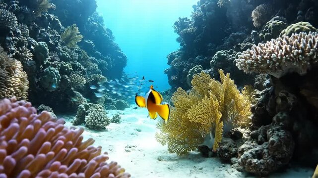 Underwater Scene with Clownfish and Coral Reef.