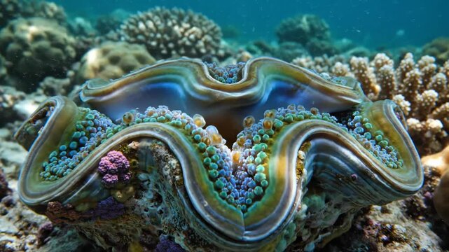 Giant Clam on Coral Reef Underwater.