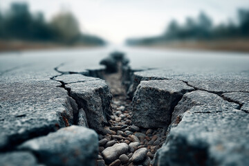 Close-up of cracked and uplifted asphalt after an earthquake, damaged road surface, seismic destruction, infrastructure damage and natural disaster concept.