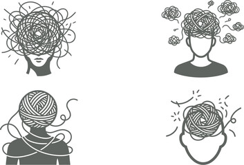 Overwhelmed person with messy yarn ball head conceptual vector
