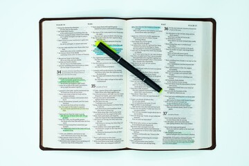 Highlighter Marker Pen On Open Bible