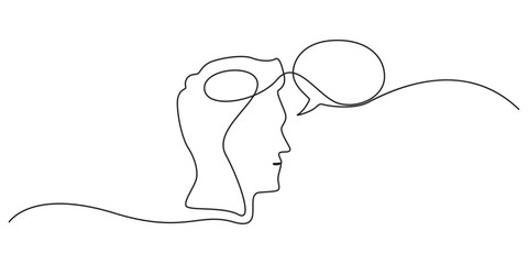 Continuous one line drawing of head with speech bubble. Concept of confused feelings worried about bad mental health. Editable stroke. Doodle vector illustration