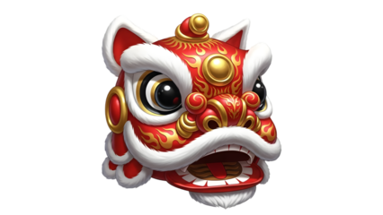 Chinese lion dance head in red and gold color isolated on transparent background