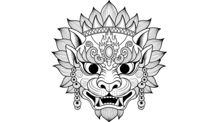 Balinese mask in black and white color with intricate details and patterns isolated on transparent background