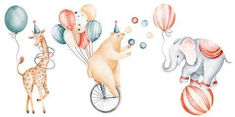 Watercolor circus animals illustration set with bear, elephant and giraffe. Hand painted performers with balloons, hoops and ball. Clipart for baby shower, greeting cards, invitation, poster. © Elena