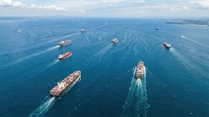 Aerial View of Cargo Ships Navigating Ocean Waters in Shipping Industry Landscape
