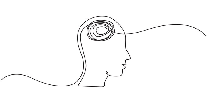 Continuous one line drawing of head with speech bubble. Concept of confused feelings worried about bad mental health. Editable stroke. Doodle vector illustration