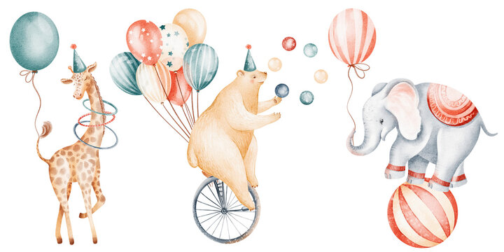 Watercolor circus animals illustration set with bear, elephant and giraffe. Hand painted performers with balloons, hoops and ball. Clipart for baby shower, greeting cards, invitation, poster.