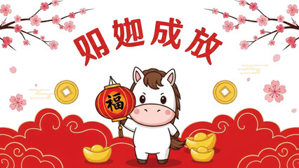 Lunar New Year Horse With Lantern Gold Ingots Plum Blossoms