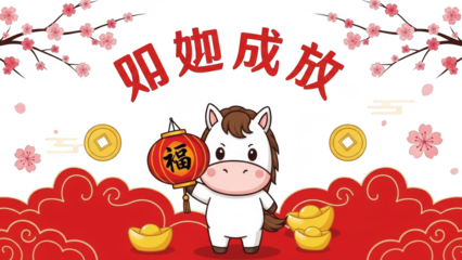 Lunar New Year Horse With Lantern Gold Ingots Plum Blossoms