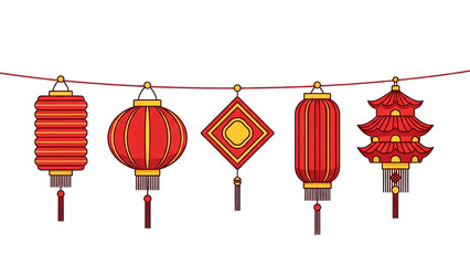 Lunar New Year Red Lanterns And Asian Decorations Garland