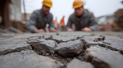 Construction workers examine severely damaged and cracked asphalt pavement on an outdoor site