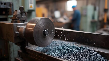 A metal lathe precisely cuts a piece of steel creating a shower of sparks and shavings in a busy workshop