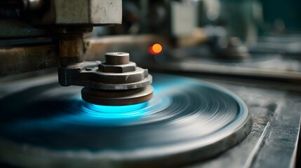 Fototapeta premium Industrial hinery detail a spinning element bathed in an intense blue glow symbolizing precision manufacturing and advanced technology