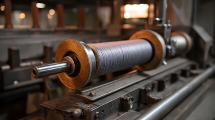 Naklejka premium A close up view of a large industrial spool wound with gray material on a manufacturing hine