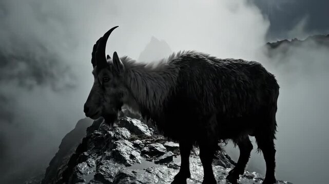 Mysterious Yak Standing on Rocky Mountain Peak.