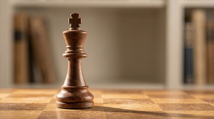 Chess Game Strategy, Wooden King Piece, Indoor Setting, High-Detail Photography, Warm Ambiance, Close-Up View, Focused Tactics
