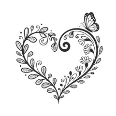 Obraz premium Delicate heart shaped floral design with butterfly and leaves