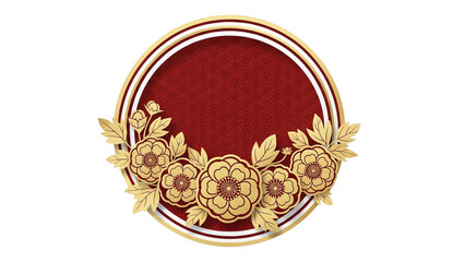 Red And Gold Asian Floral Circle Frame With Traditional Pattern