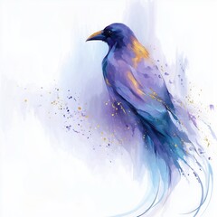 Obraz premium Illustration of raven bird in soft watercolor style with abstract flowing background, elegant artistic wildlife composition, isolated on a white background