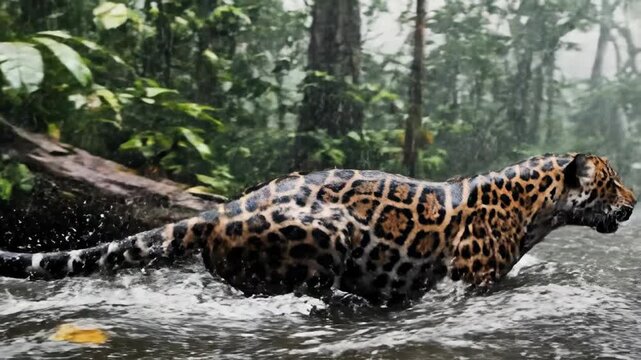 Jaguar Swimming in Rainforest River Water.