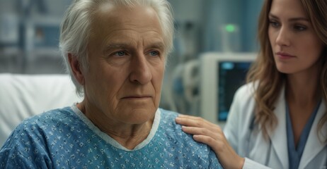 compassionate doctor comforting senior patient in hospital bed with worried expression.
