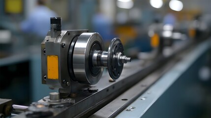 Naklejka premium Industrial hinery components on a production line in a manufacturing factory